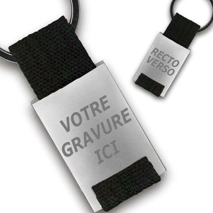 Porte clés publicitaire métal tissu gravé double face noir on