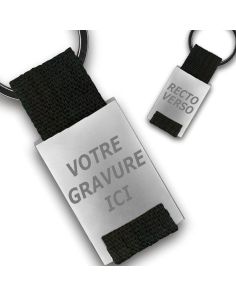 Porte clés publicitaire métal tissu gravé double face noir on