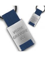 Porte clés publicitaire métal tissu gravé double face bleu