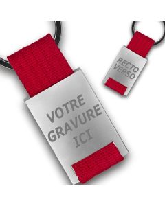 Porte clés publicitaire métal tissu gravé double face rouge